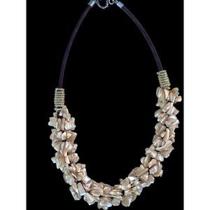 Shell Cluster Necklace Beige Leather Cord Beaded Accents VGUC Toggle Clasp